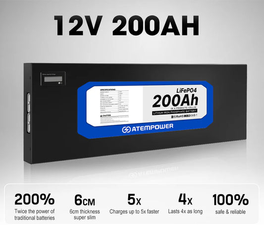 Atempower 200Ah 12V Slimline Lithium Battery LiFePO4 Deep Cycle 300A BMS 4WD RV