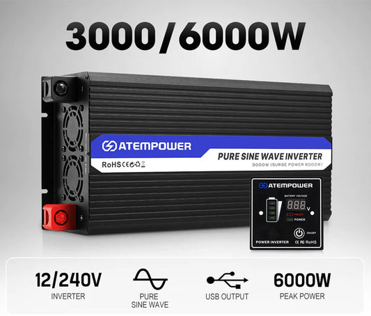 Atem Power 12V to 240V 3000W/6000W Pure Sine Wave Power Inverter  PSI3000-BLK-UD