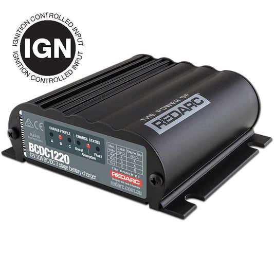 BCDC1220-IGN Redarc DCDC Charger 20A 3 Stage 9V-32V In, 12V Out Ignition